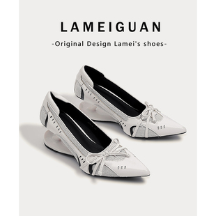 机能风蝴蝶结悬浮跟尖头单鞋女2026春季新款白色浅口高跟鞋一脚蹬