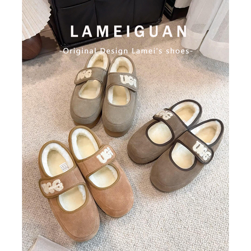 复古真皮刺绣魔术贴厚底豆豆棉鞋