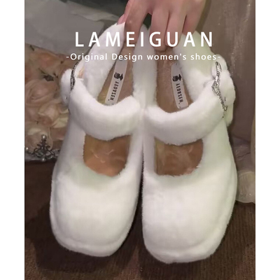 法式白色毛毛玛丽珍高跟鞋女粗跟