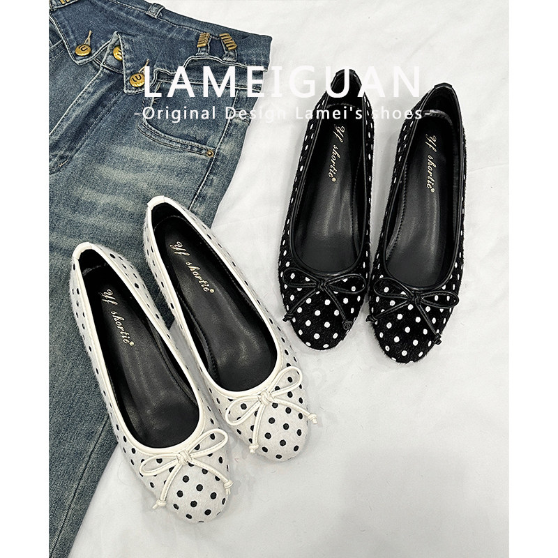 法式蝴蝶结波点内增高单鞋女2026春季新款黑色复古平底浅口芭蕾鞋