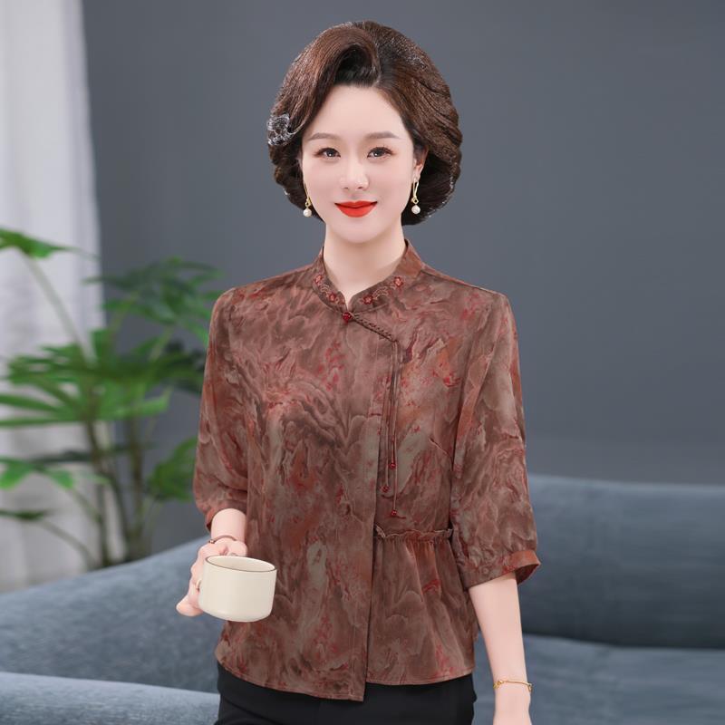 香云纱上衣女中式真丝衬衣女夏季新款国风中老年妈妈装桑蚕丝衬衫