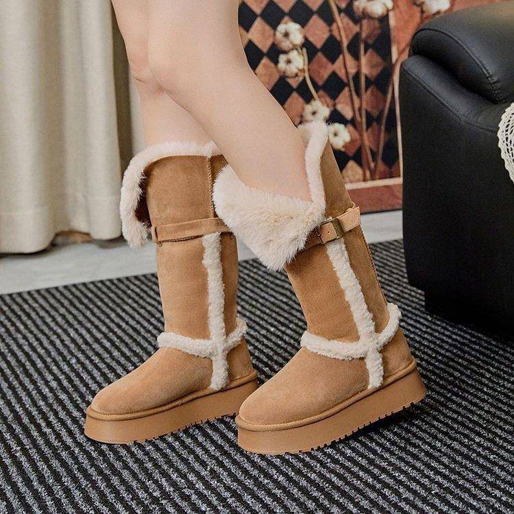 厚底增高不过膝灰色雪地靴女2025冬季新款保暖加厚毛毛长筒棉鞋靴