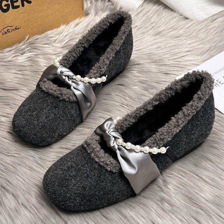 仙女珍珠毛毛鞋女2025秋冬女士新款蝴蝶结豆豆女鞋一脚蹬加绒棉鞋