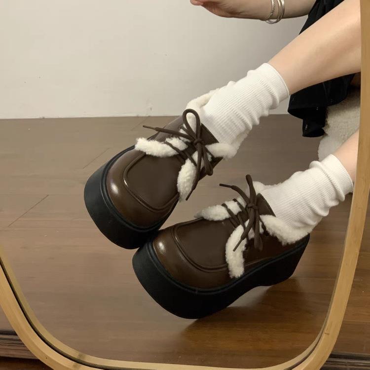 乐福鞋女加绒保暖棉鞋2025冬新款jk鞋毛毛皮鞋厚底增高英伦风小皮
