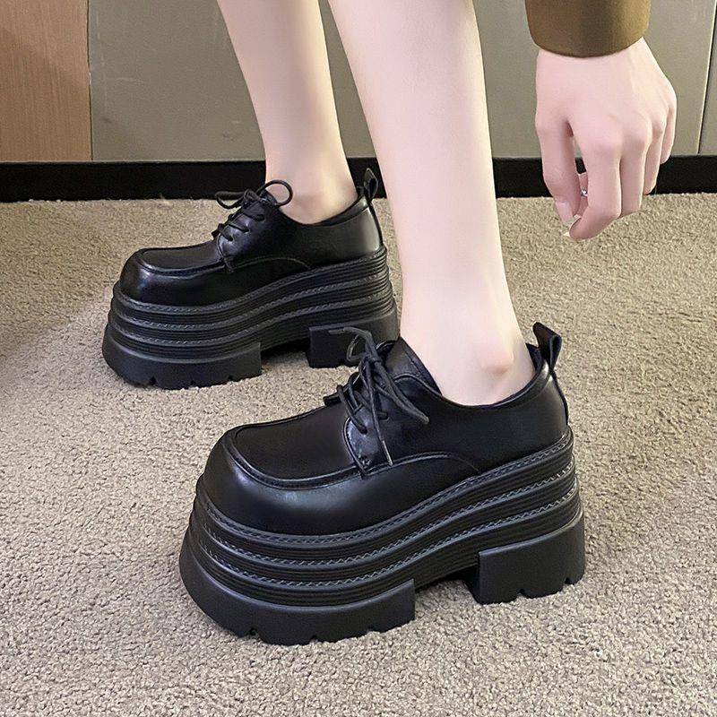 英伦风厚底乐福鞋女2025秋季新款粗跟黑色小皮鞋配裙子系带jk单鞋