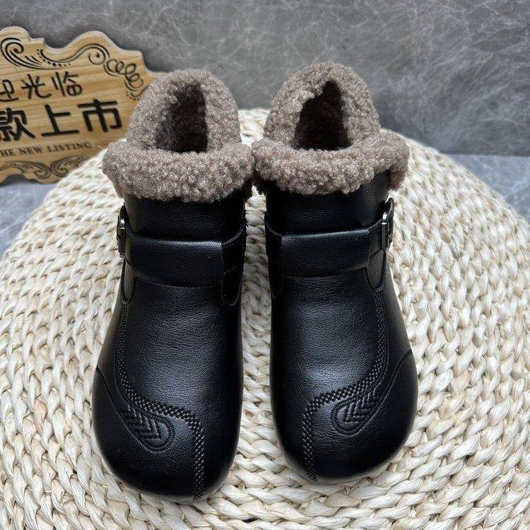 短靴女2025冬季新款中老年防滑加绒保暖软底棉鞋复古平底妈妈皮鞋