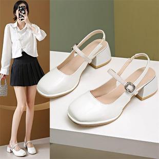 女 小香风包头凉鞋 夏季 女2024新款 法式 复古白色后空粗跟玛丽珍单鞋