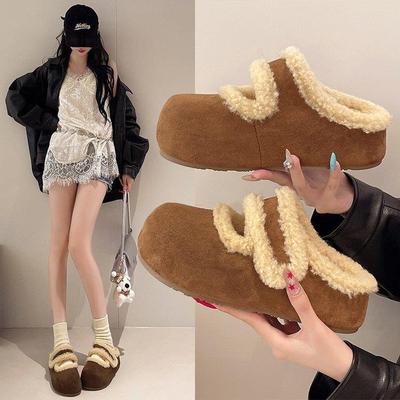 复古加绒防滑厚底半拖勃肯鞋女2025新款冬季外穿增高毛毛棉拖鞋子