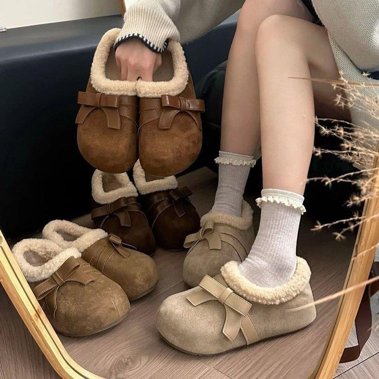 厚底勃肯鞋加绒气质蝴蝶结女款2025冬季新款百搭软底外穿棉鞋保暖