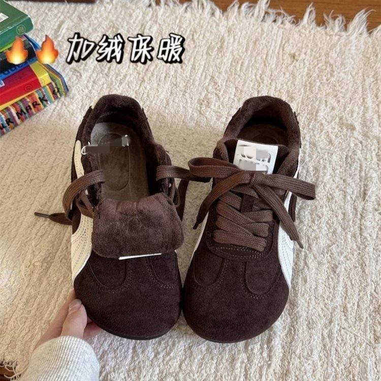 港风黑色加绒保暖德训鞋女2025秋冬棉鞋百搭平底运动休闲二棉板鞋