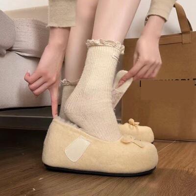 法式气质蝴蝶结增高浅口毛毛单鞋女款2025新款时尚百搭魔术贴棉鞋