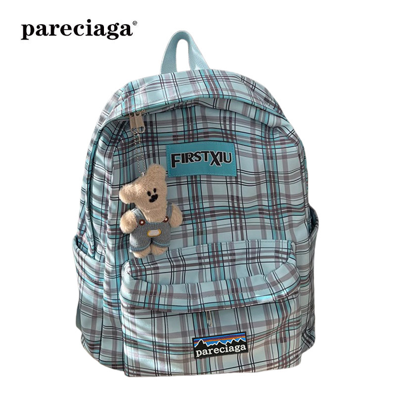 巴塔正品pareciaga复古格纹书包学生大容量书包百搭古着双肩背包