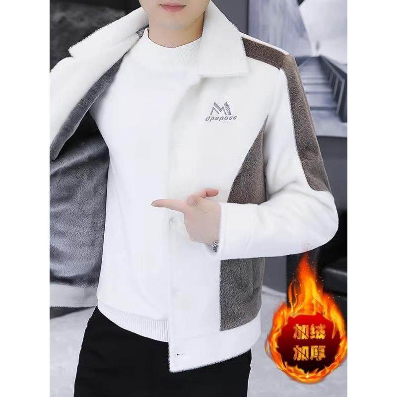 水貂绒外套男短款潮流秋冬款加绒拼色翻领男士加厚修身呢子夹克帅