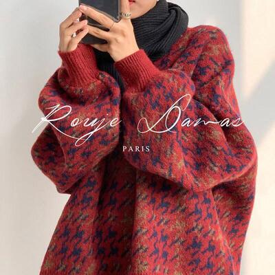 Rouje Damas费尔岛新年红色毛衣女设计感小众宽松冬季加厚针织衫