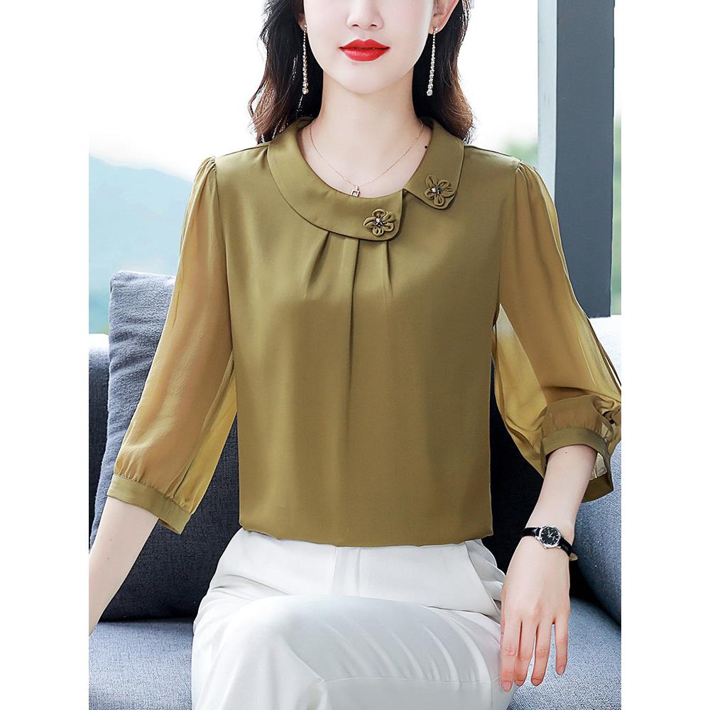 真丝衬衣女装中袖上衣夏季新款七分袖时尚小衫妈妈时尚桑蚕丝衬衫