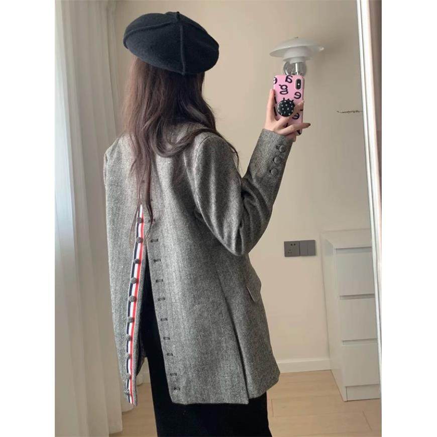 韩国TB西装外套女秋冬新款学院风背部开衩设计感时尚气质毛呢西服