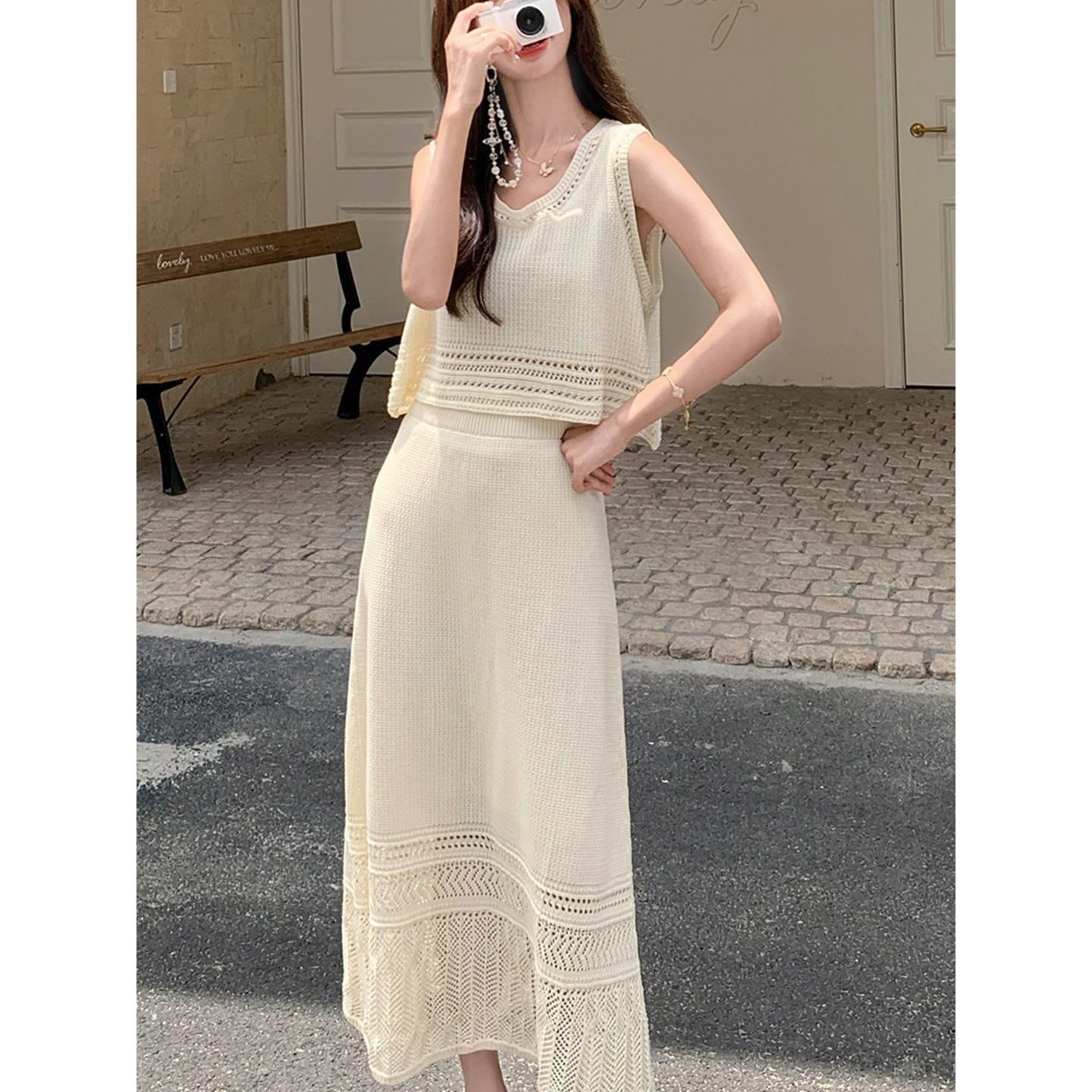 法国Rouje Moaks度假风套装女2025夏季气质镂空背心半身裙两件套