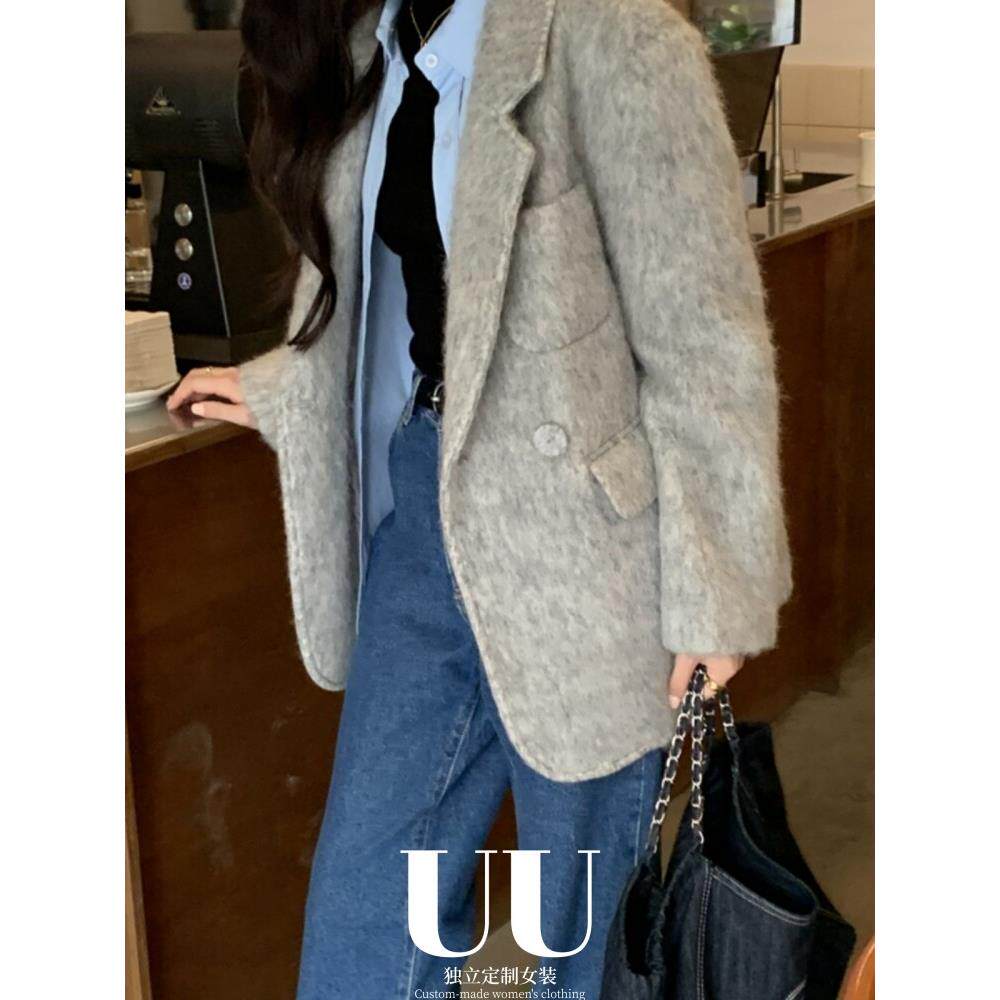 UU定制/灰色毛呢西装外套女秋冬新款夹棉加厚高级马海毛呢子大衣