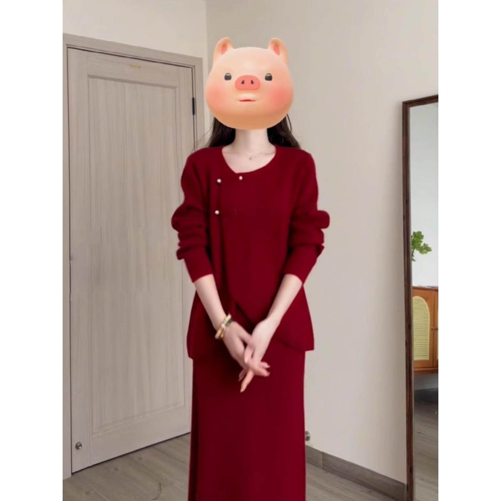 欧洲站秋冬新款国风新中式高端小众新年战袍针织上衣半身裙两件套