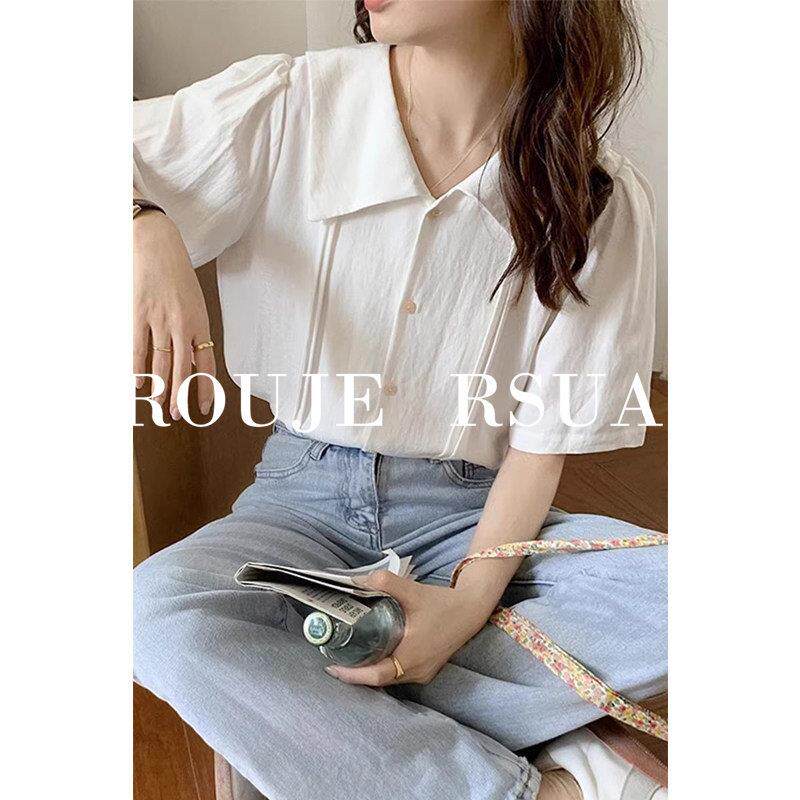 ROUJE RSUA法式翻领小个子正肩衬衣女夏季上衣温柔白色短袖衬衫