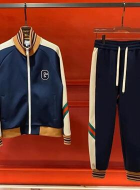 IT ins潮牌休闲卫衣两件套男士字母拼接条纹撞色修身立领运动套装