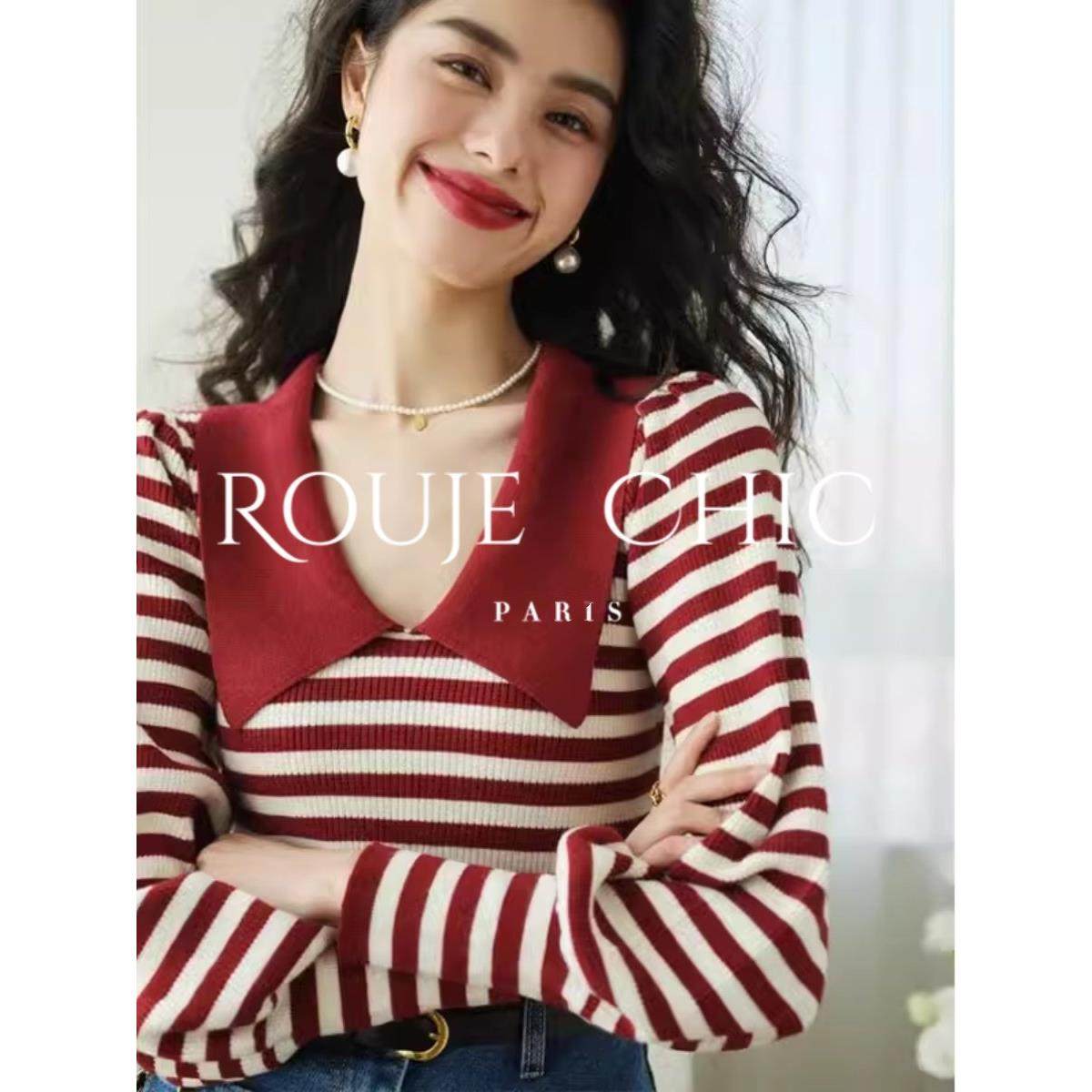 法国rouje chic法式气质条纹灯笼袖针织衫女秋季新款娃娃领羊绒衫,女装/女士精品,大码内搭,淘宝优惠券,粉丝福利购,淘宝优惠卷