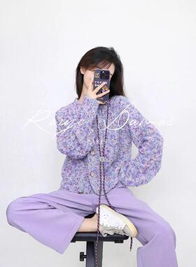 Rouje Damas小香风外套慵懒风盐系紫色毛衣开衫直筒裤子两件套装