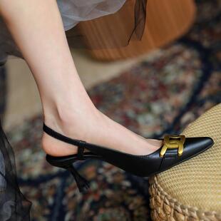 马罗里奥无条件保留！小Ck黑色高跟鞋妇女细高跟鞋凉鞋与空心后尖