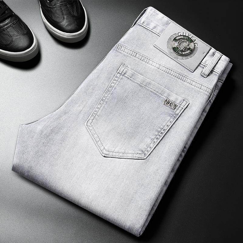 夏季男士浅灰色牛仔裤弹力修身小直筒磨白水洗做旧薄款柔软舒适裤
