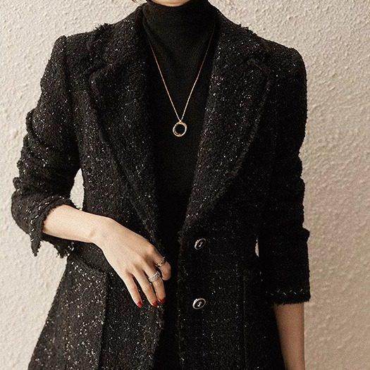 YENR 羊毛亮丝黑色小香风外套 春秋新款粗花呢~短款小西装女装