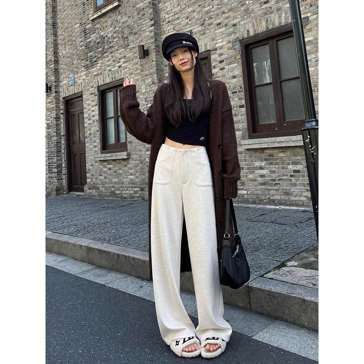 LILY MOST白色窄版阔腿裤女秋冬季休闲加绒高腰垂感羊毛呢西装裤,女装/女士精品,休闲裤,淘宝优惠券,粉丝福利购,淘宝优惠卷