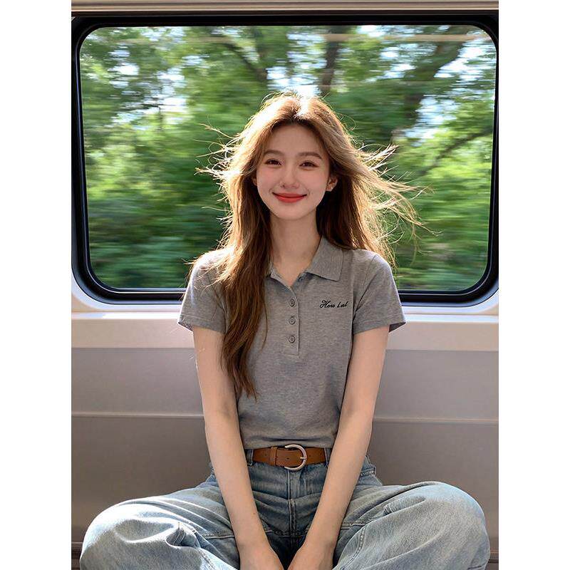 夏季薄款小众设计感灰色polo衫t恤女翻领修身短款上衣