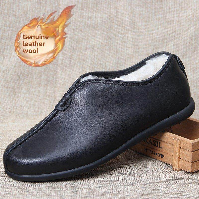 老北京布鞋男加绒老人鞋冬季雪地靴保暖爸爸棉鞋真皮羊毛一体皮鞋