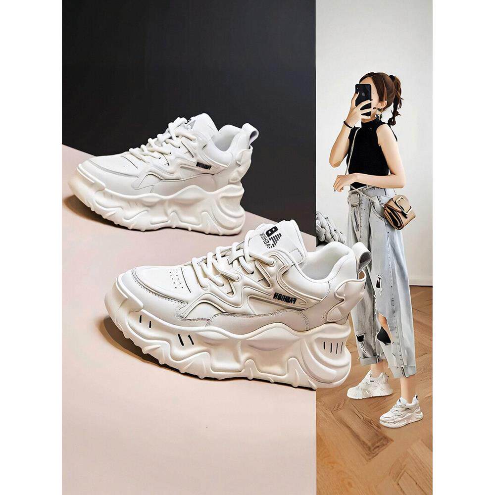 小个子8cm厚底真皮女鞋2025软底运动小白鞋百搭内增高老爹鞋