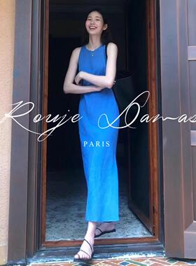 Rouje Damas法式蓝色无袖背心洋装女气质收腰显瘦开 叉包臀长裙