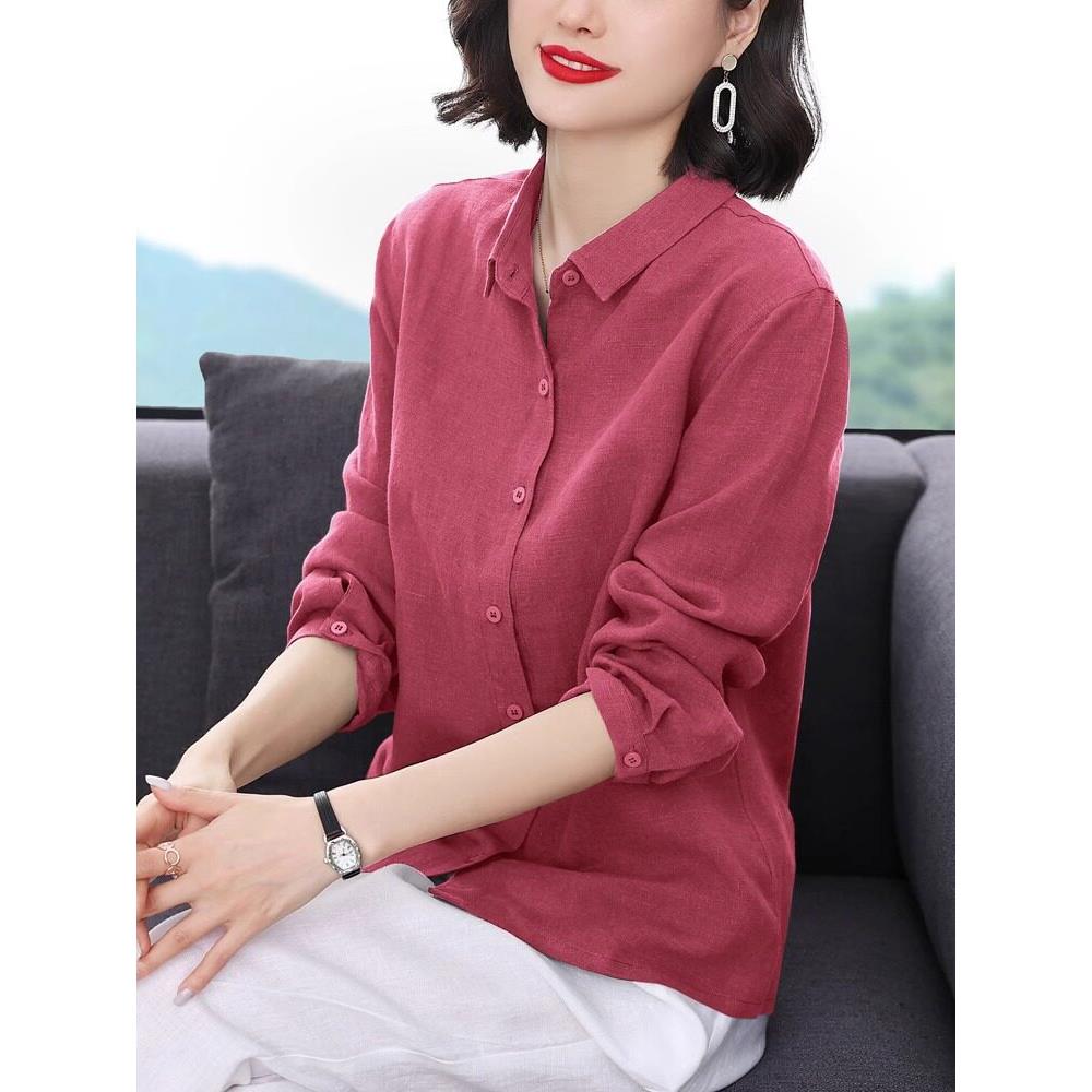 水洗纯亚麻长袖衬衣衬衫女2026春秋女高级感宽松显瘦文艺直筒上衣