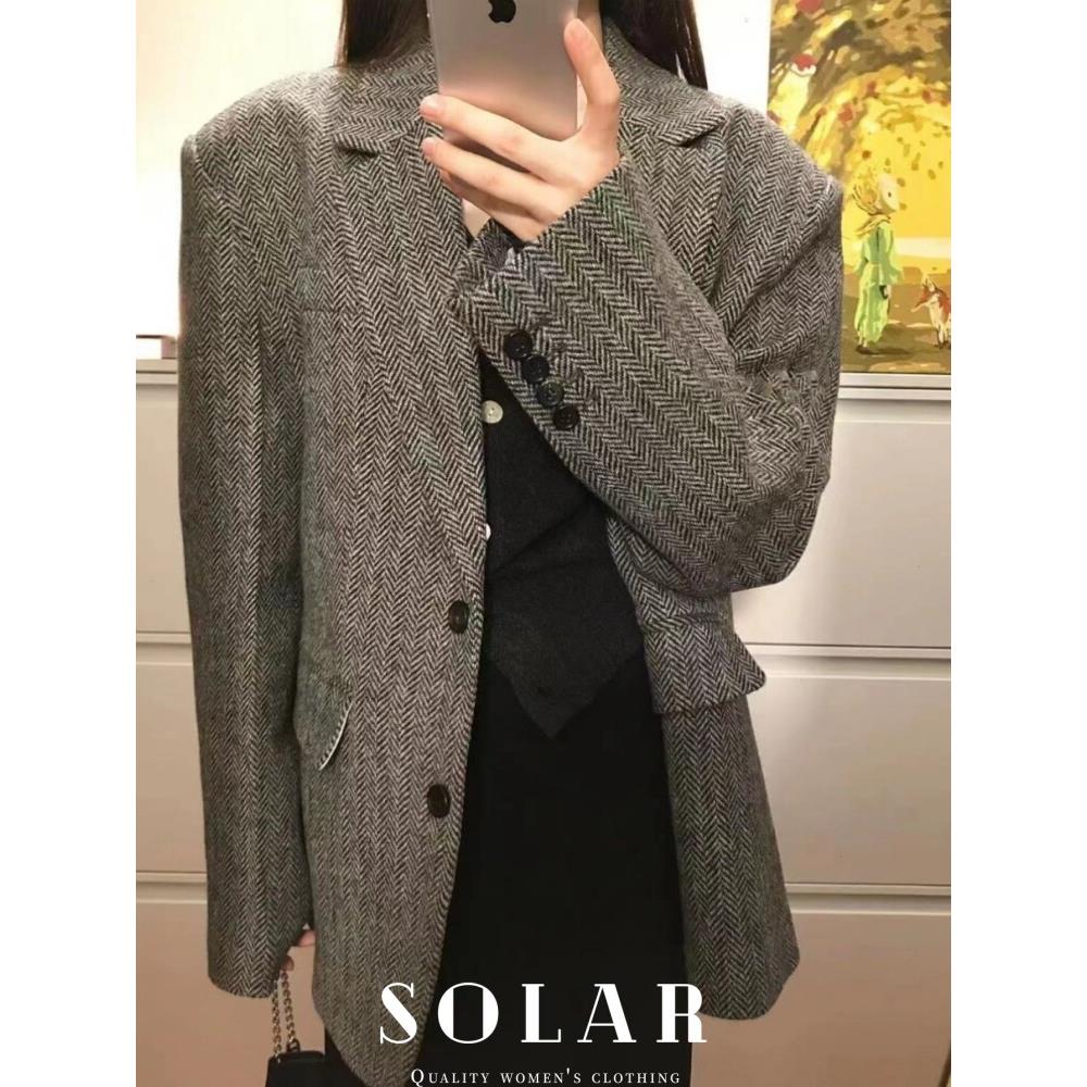 SOLAR/粗花呢覆古全羊毛西装外套女宽松人字纹高级感上衣气质大衣