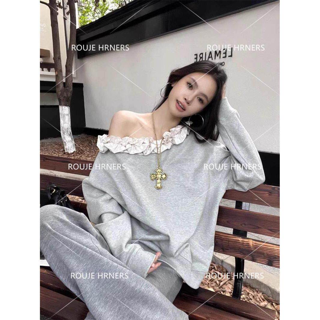 法国rouje hrners法式上衣女花边一字领斜肩两穿卫衣新款宽松长袖