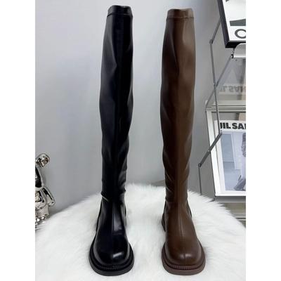 真皮过膝长筒靴女秋冬2025新款爆款加绒高筒骑士靴后拉炼弹力长靴