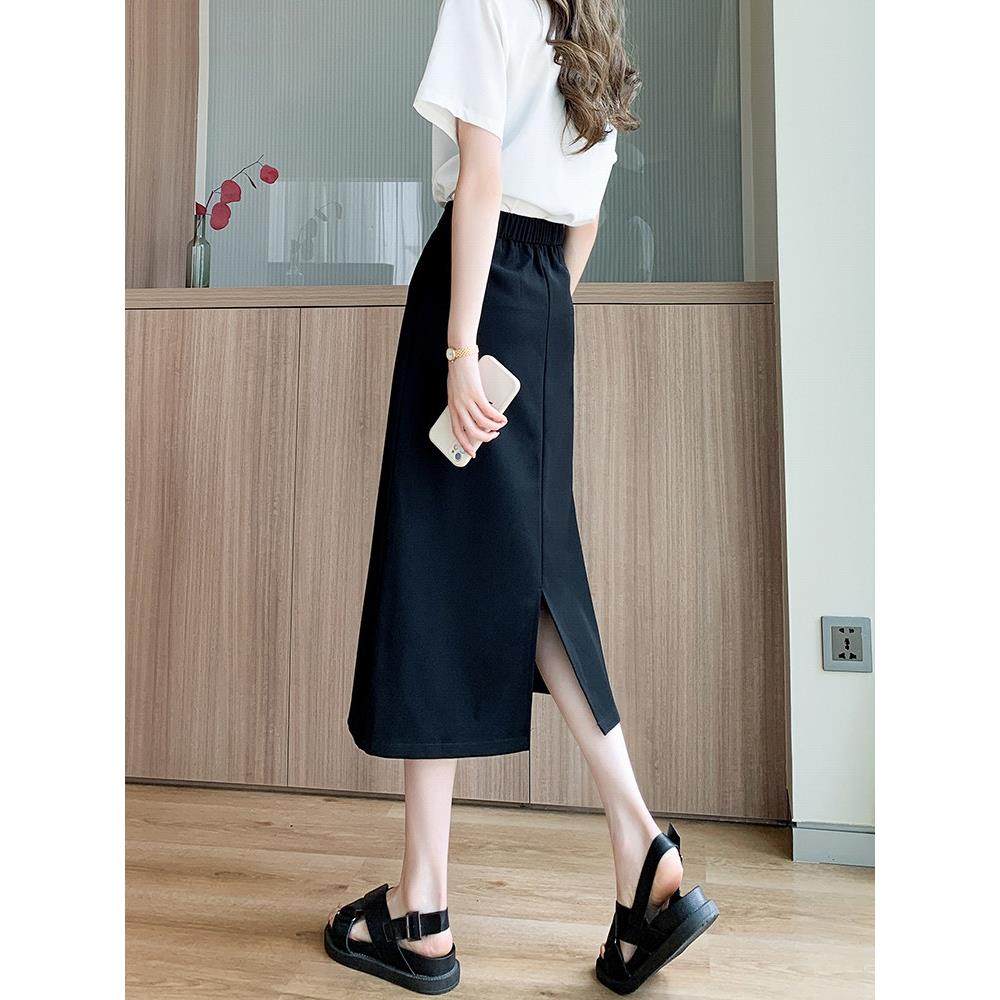 黑色裙子适合女性中长款夏季瘦型小高腰显瘦型大尺寸开衩套装及臀