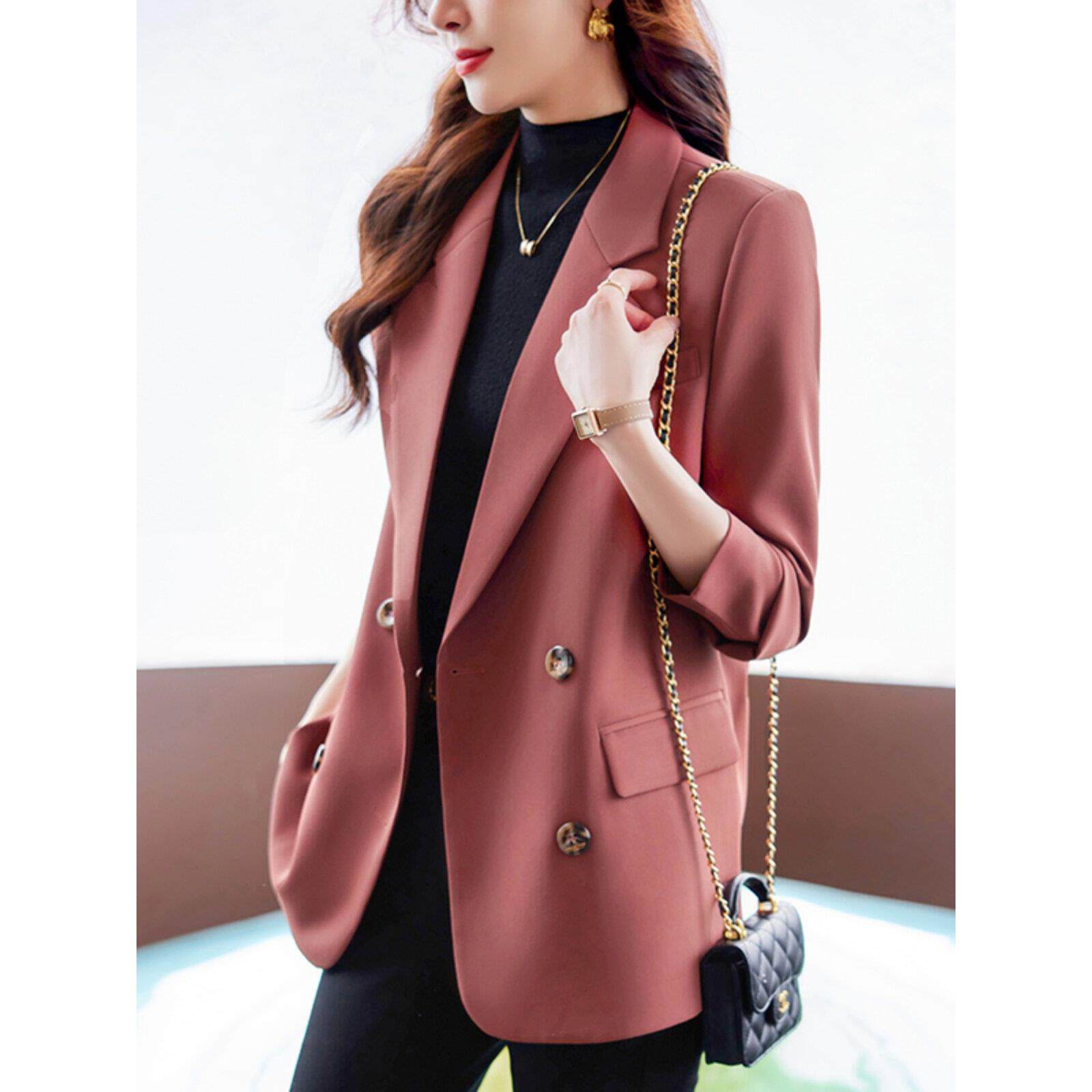 韩版砖红色开叉西装外套女秋冬季双排扣时尚宽松洋气轻奢休闲西服