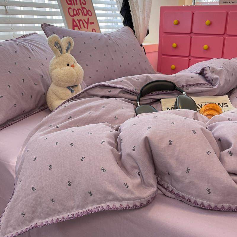 A类ins香芋紫纯棉双层纱蝴蝶结床上四件套全棉被套床单床笠三件套,床上用品,学生床品套件,淘宝优惠券,粉丝福利购,淘宝优惠卷