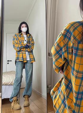 意大利黄色格子衬衫设计感高级2025新款宽松情侣休闲bf风早秋上衣