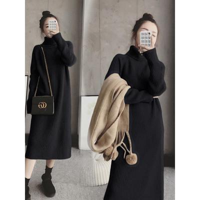 香港毛衣裙女大码胖mm秋春新款中长款高领加厚过膝打底针织连衣裙