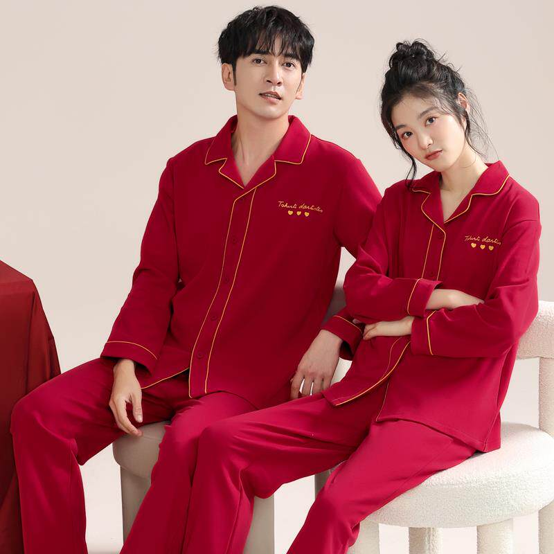 结婚睡衣情侣纯棉秋冬季夫妻新婚喜庆本命年红色莱卡棉开衫家居服