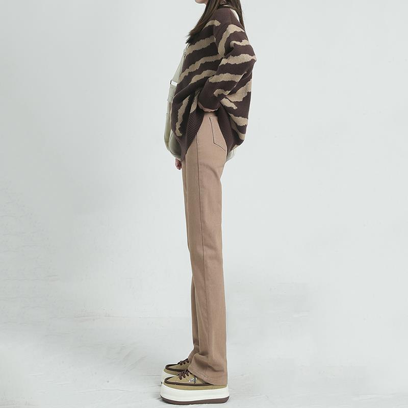 Canary Kiss卡其色加绒直筒牛仔裤女2025秋冬高腰显高窄版烟管裤