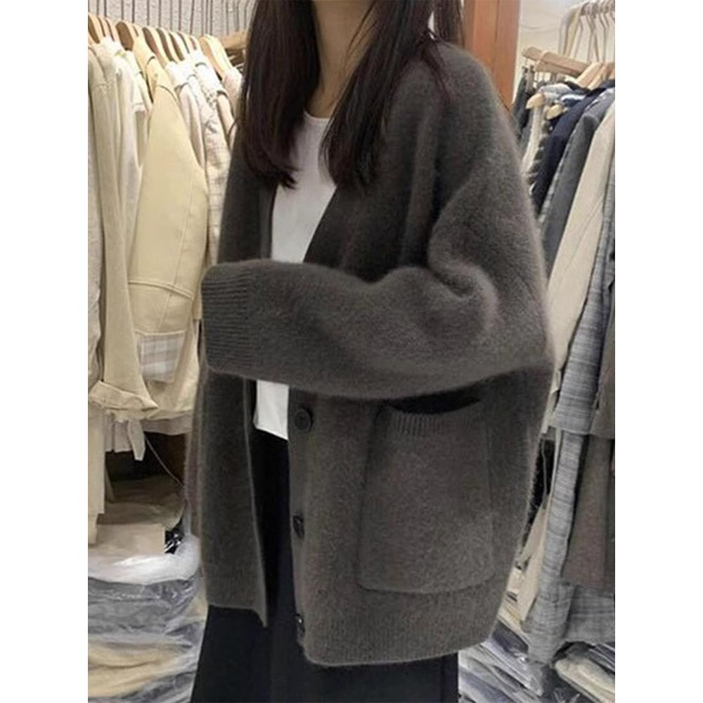 欧洲站覆古慵懒风加厚针织开衫女2025年秋季新款灰色软糯毛衣外套