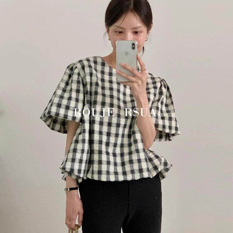 ROUJE RSUA法式短款泡泡袖百搭上衣复古设计感小众格纹衬衫女夏季