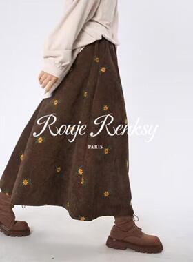 法国Rouje Renksy覆古灯芯绒刺绣半身裙女秋冬碎花初恋感a字伞裙