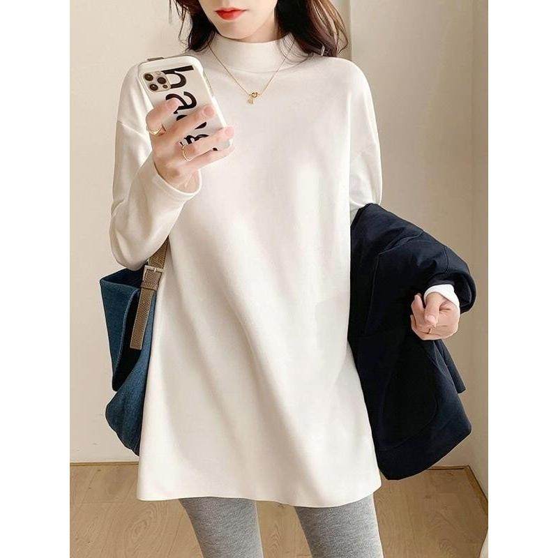 德绒半高领卫衣女秋冬加绒洋气长袖白色t恤中长款内搭叠穿打底衫